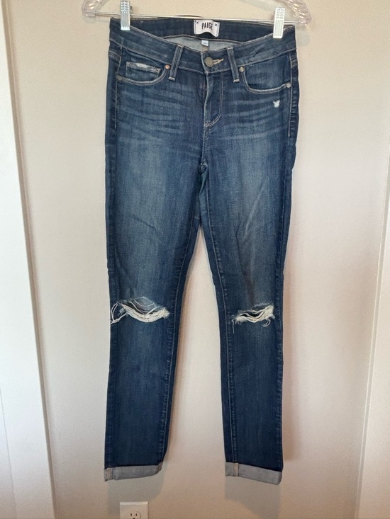 PAIGE Denim - PAIGE Distressed Boyfriend Jeans in Dark Blue Wash
